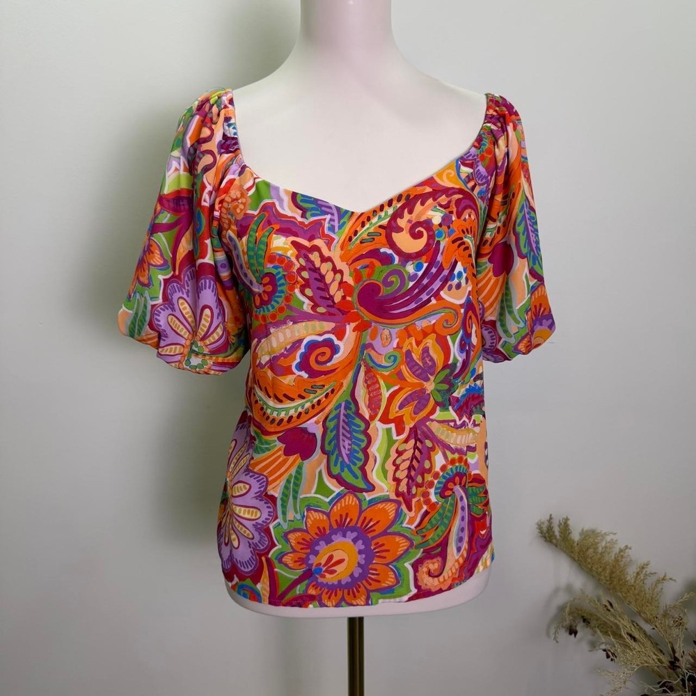 Flying Tomato Size M Retro 70s Psychedelic Paisley Puff Sleeve Top
